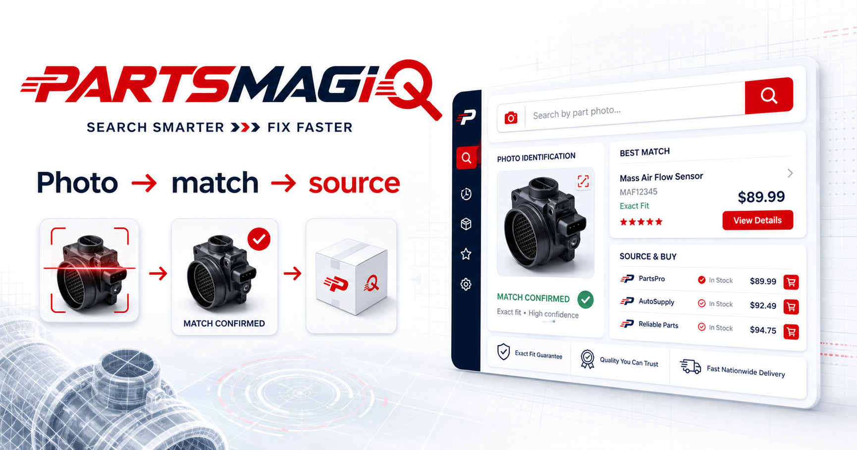 PARTSMAGiQ interface showing a photographed mass air flow sensor, best match and supplier sourcing options